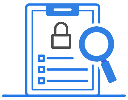A tablet with a magnifying glass and a padlock.