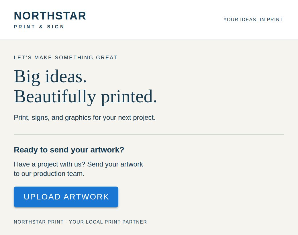 Northstar Print's project handoff area with an Upload Artwork button.