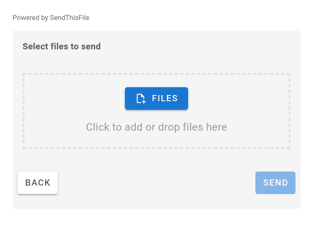 The real SendThisFile file selection step, showing the drop area and Send action.